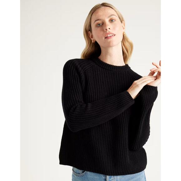 Quince Chunky Knit Organic Cotton Fisherman Crewneck Sweater Women's XL Black - Picture 1 of 8